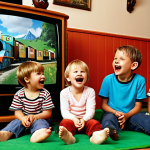 **

A group of German children, around 5-7 years old, are sitting in front of a television, laughing and singing along to a "Thomas und seine Freunde" (Thomas & Friends) episode. The room is cozy and has traditional German decor. Emphasis should be on the joy and nostalgia of childhood.

**