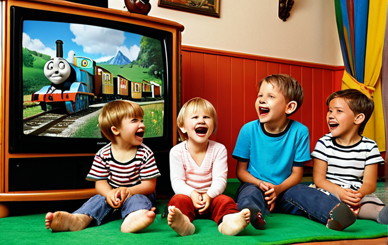 **
A group of German children, around 5-7 years old, are sitting in front of a television, laughing and singing along to a "Thomas und seine Freunde" (Thomas & Friends) episode. The room is cozy and has traditional German decor. Emphasis should be on the joy and nostalgia of childhood.
**