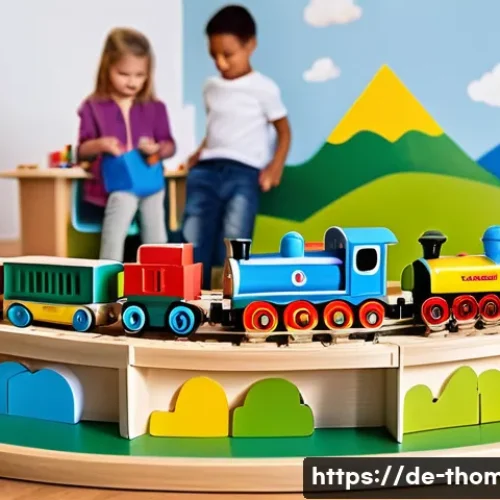 Home 30 토마스와 친구들 역할놀이 아이템 - A vibrant and detailed children’s playroom scene featuring a wooden train set inspired by Thomas the...
