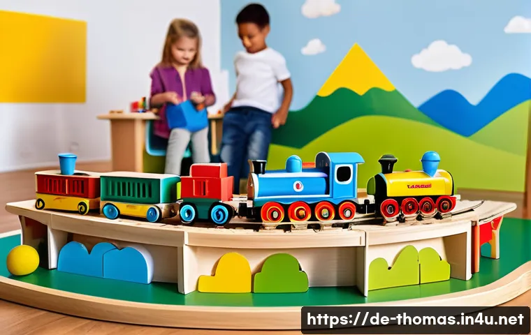 토마스와 친구들 역할놀이 아이템 - A vibrant and detailed children&rsquo;s playroom scene featuring a wooden train set inspired by Thomas the...