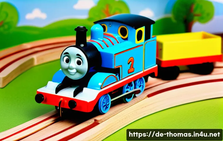 토마스 기차 완구 제품 추천 - A vibrant and detailed children&rsquo;s playroom scene featuring a classic wooden Thomas the Tank Engine t...